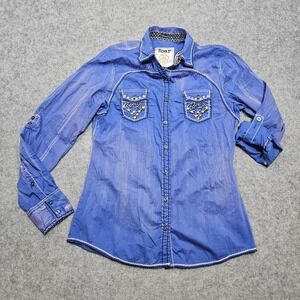 Roar Women's Button Down Rodeo Party Western Shirt Sz XL Embellished Embroidered